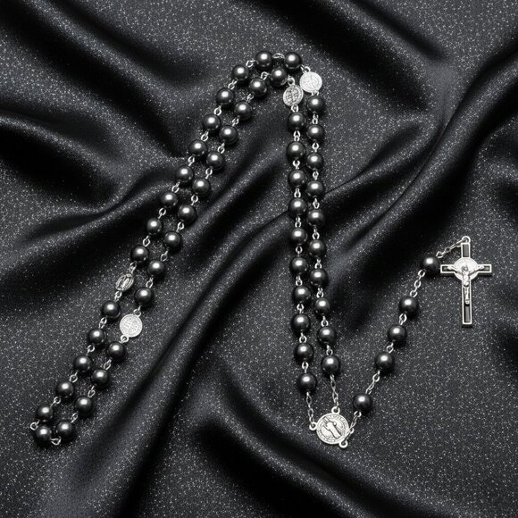 Hematite Beaded Catholic Rosary Prayer Crucifix Silver Tone Gothic Necklace NWOT - Picture 6 of 10